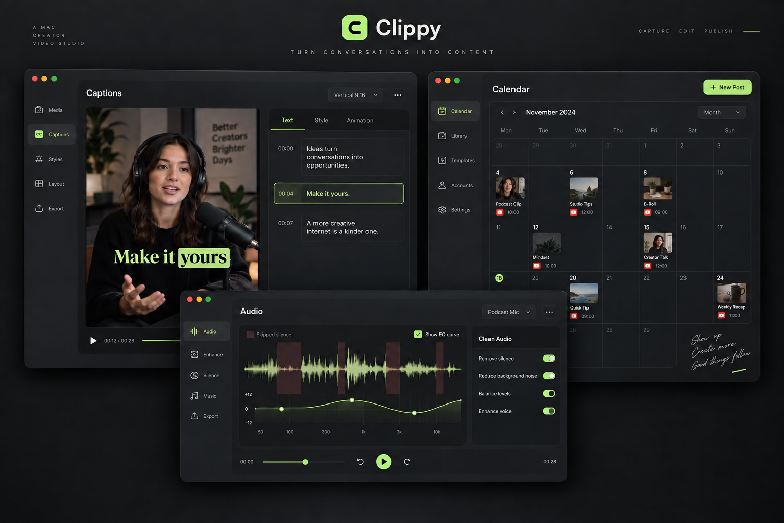 Generated Clippy interface illustration showing caption editing, audio waveforms and EQ, and a publishing calendar